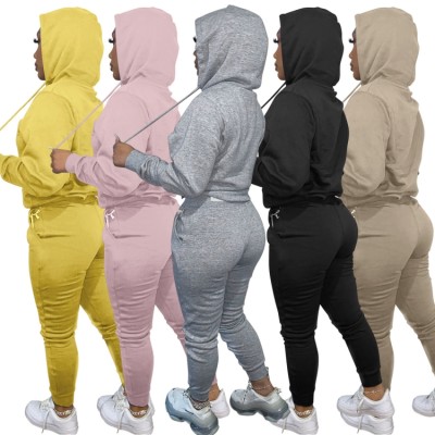 Winter Sportwear Yellow Letter Print Long Sleeve Hoodies And Pant Wholesale Two Piece Sets