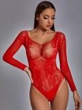 Spring Sexy Red Lace Round Neck Long Sleeve Bodysuit