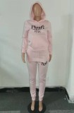 Winter Sportwear Pink Letter Print Long Sleeve Hoodies And Pant Wholesale Two Piece Sets