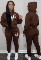 Winter Sportwear Brown Letter Print Long Sleeve Hoodies And Pant Wholesale Two Piece Sets