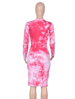 Spring Tie Dye Print Round Neck Long Sleeve Slim Midi Dress