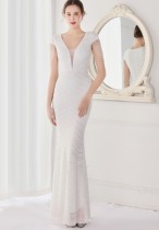Summer Elegant White V Neck Tassels Short Sleeve Sequins Stripe Mermaid Evening Dress
