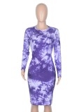 Spring Tie Dye Print Round Neck Long Sleeve Slim Midi Dress