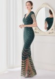 Summer Elegant Green V Neck Tassels Short Sleeve Sequins Stripe Mermaid Evening Dress