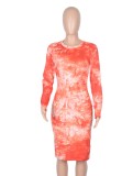 Spring Tie Dye Print Round Neck Long Sleeve Slim Midi Dress