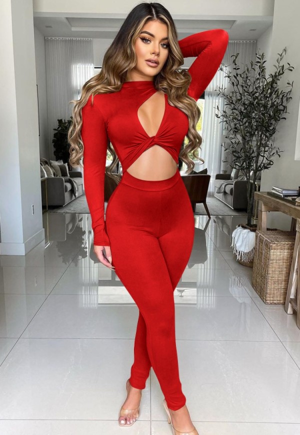 Spring Sexy Red Cut Out Long Sleeve Jumpsuit