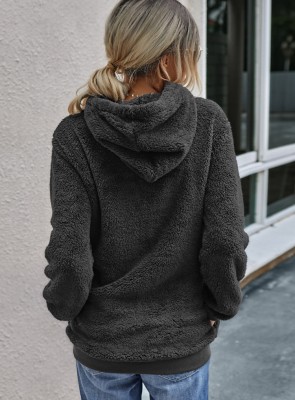 Winter Casual Dk-Grey Fleece Zipper Long Sleeve Hooded Top