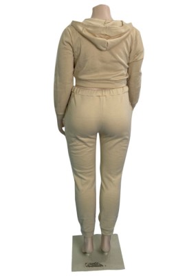 Winter Casusal Kahaki Solid Zipper Long Sleeve Hoodies And Pant Wholesale 2 Piece Sets