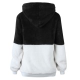 Winter Casual Black Contrast Fleece Zipper Long Sleeve Hooded Top