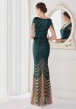 Summer Elegant Green V Neck Tassels Short Sleeve Sequins Stripe Mermaid Evening Dress