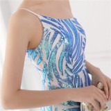 Summer Elegant Blue One Shoulder Sleeveless Sequins Mermaid Evening Dress