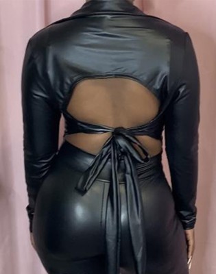 Spring Black Leather Long Sleeves Irregular Party Top