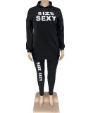 Spring Black Letter Print Hoody Shirt and Pants Plus Size Two Piece Set