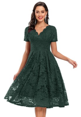 Spring Green Lace Short Sleeves V-Neck Swing Bridemaid Dress