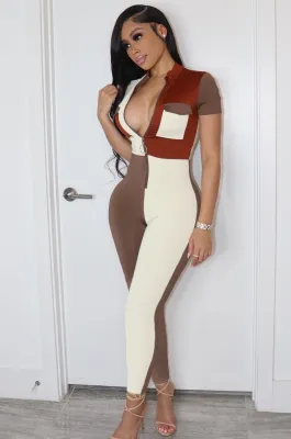 Spring Contrast Color Short Sleeves Casual Tight Jumpsuit