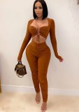 Spring Brown Sexy Lace-Up Crop Top and Ruched Pants Two Piece Set