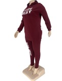 Spring Burgunry Letter Print Hoody Shirt and Pants Plus Size Two Piece Set