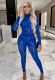 Spring Blue Sexy Hollow Out Tight Top and Pants Two Piece Set