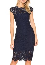 Spring Blue Lace Sleeveless O-Neck Knee-length Bridemaid Dress