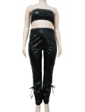 Winter Black Leather Bandeau Top and Pants Plus Size Two Piece Set