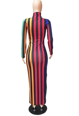 Winter Colorful Stripes Turtleneck Long Bodycon Dress