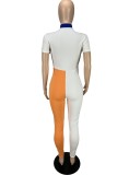 Spring Contrast Color Short Sleeves Casual Tight Jumpsuit