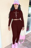 Spring Burgunry Print Tight Crop Top and Pants Two Piece Set