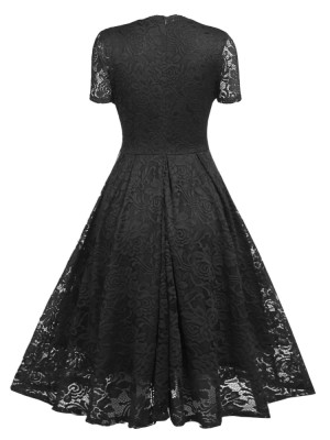 Spring Black Lace Short Sleeves V-Neck Swing Bridemaid Dress