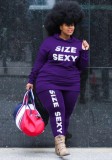 Spring Purple Letter Print Hoody Shirt and Pants Plus Size Two Piece Set