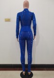 Spring Blue Sexy Hollow Out Tight Top and Pants Two Piece Set