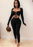 Spring Black Sexy Lace-Up Crop Top and Ruched Pants Two Piece Set