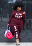 Spring Burgunry Letter Print Hoody Shirt and Pants Plus Size Two Piece Set