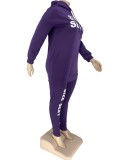 Spring Purple Letter Print Hoody Shirt and Pants Plus Size Two Piece Set