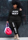 Spring Black Letter Print Hoody Shirt and Pants Plus Size Two Piece Set