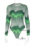 Spring Green Print High Cut Sexy Long Sleeve Bodysuit