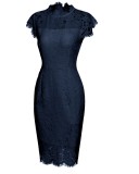 Spring Blue Lace Sleeveless O-Neck Knee-length Bridemaid Dress