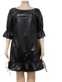 Winter Black Leather 3/4 Sleeves Ruffles Plus Size Dress