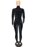 Winter Black Velvet Long Sleeves Zipper Jumpsuit