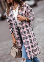 Winter Pink Plaid Print Turndown Collar Long Coat