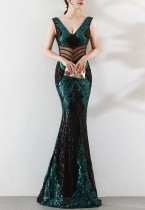 Spring Green Formal Sequin Sleeveless V-Neck Mermaid Evening Dress