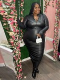 Winter Black Leather Long Sleeves Sexy Plus Size Dress