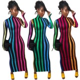 Winter Colorful Stripes Turtleneck Long Bodycon Dress
