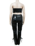 Winter Black Leather Bandeau Top and Pants Plus Size Two Piece Set