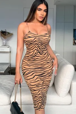 Spring Brown Zebra Print Strap Midi Party Dress