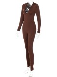 Spring Brown O-Neck Sexy Scrunch Strings Basics Jumpsuit
