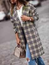Winter Khaki Plaid Print Turndown Collar Long Coat