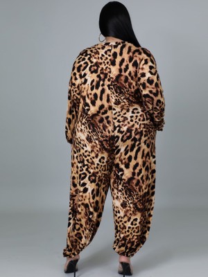 Spring Leopard Print V-Neck Baggy Plus Size Jumpsuit