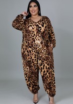 Spring Leopard Print V-Neck Baggy Plus Size Jumpsuit
