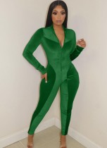 Winter Green Velvet Long Sleeves Zipper Jumpsuit