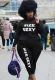 Spring Black Letter Print Hoody Shirt and Pants Plus Size Two Piece Set